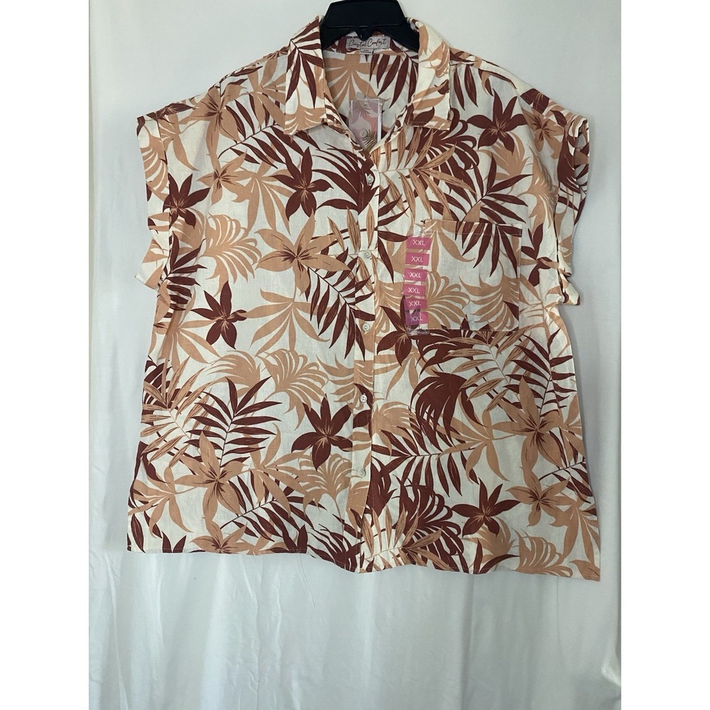C&C California Women's Linen Dusty Coral Tropical Button Down Shirt XXL